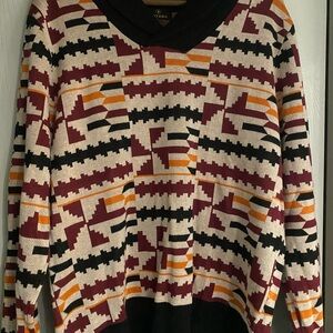Men's V-Neck Geometric Sweater - Black, Orange, Cream